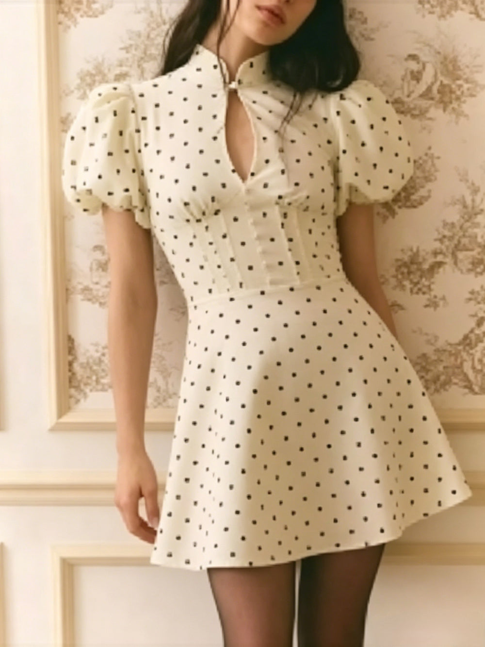 spring new women's collection: cross-border  fashion - elegant, figure-flattering polka dot dress with puff sleeves (suitable for us & european markets)