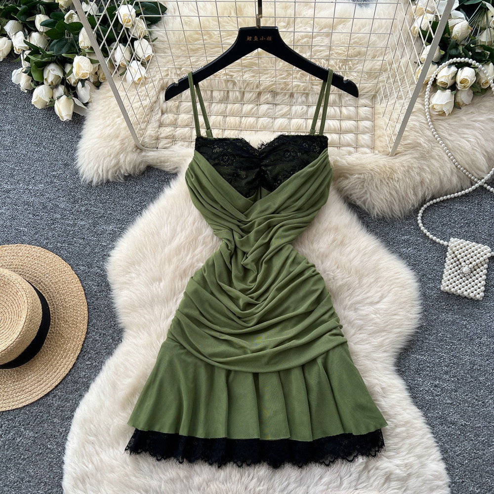 French lace patchwork camisole dress - summer slimming a-line mini dress - green sexy
