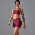 New seamless solid color criss-cross back high-elasticity compression sports bra and leggings set - perfect for running and fitness