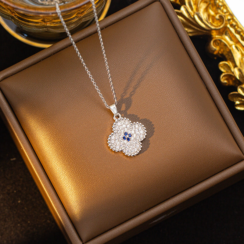 Copper inlaid zirconium four-leaf clover necklace for women, titanium steel real gold plating popularinsfashion flower exquisite sweater chain jewelry