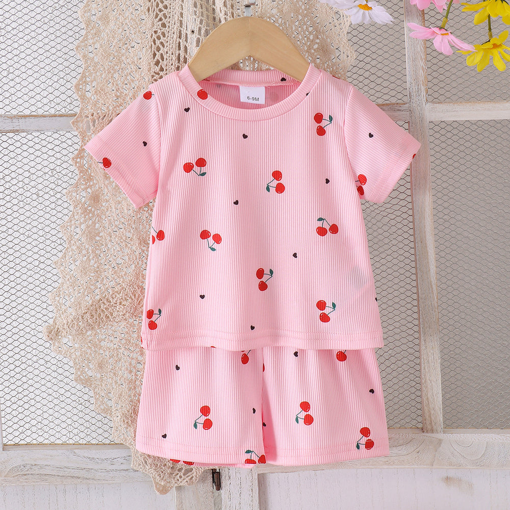 exclusive supply of new arrival children's pink cherry t-shirt + shorts set for european and american girls