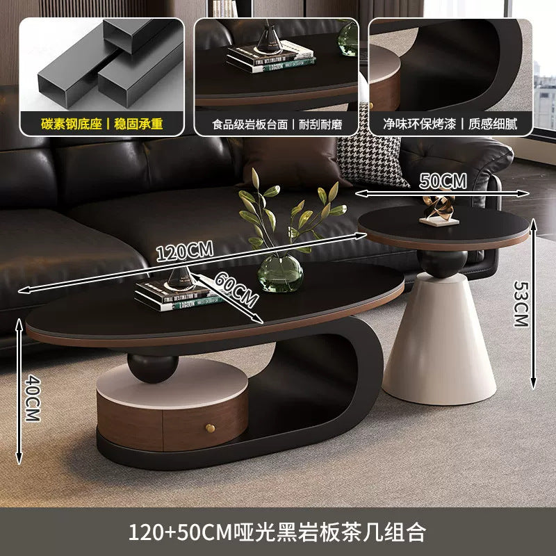 Wabi-sabi style coffee table, oval rock slab combination, small apartment home living room, retro high-end storage design tea table