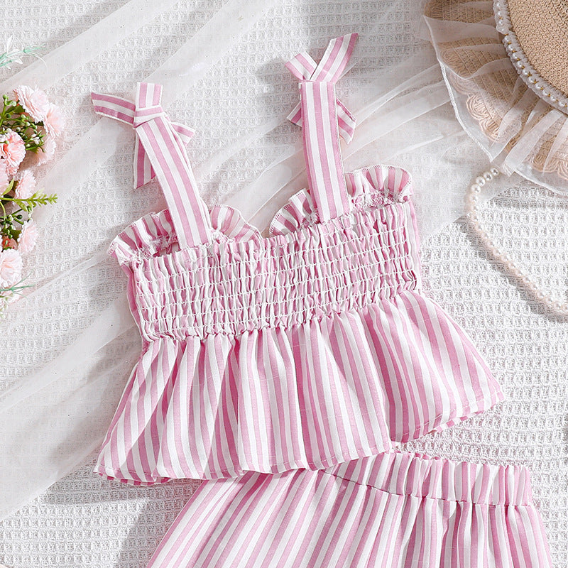 girls' summer outfit: new european and american style, toddler and child suspender top and shorts, fashionable striped two-piece set