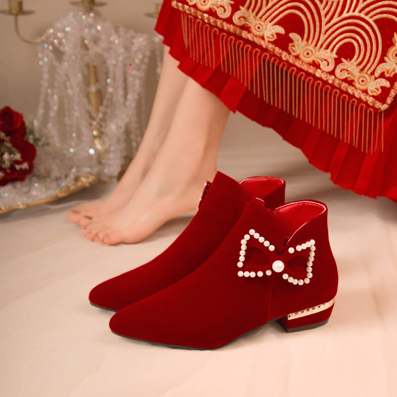 Winter wedding shoes women's thick heel plus size red short boots fleece-lined bridal shoes xiuhe red shoes toast high heels winter