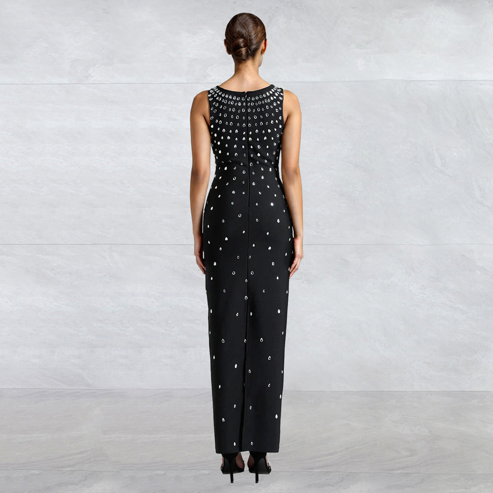 C7117 cross-border   fashion women's hotfix rhinestone u-neck sleeveless bodycon mini dress