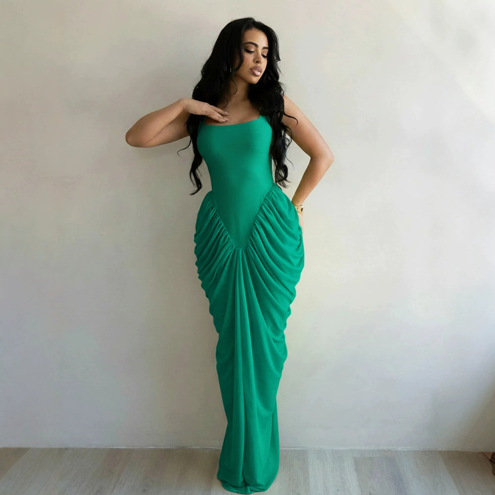 exclusive supply of fashion suspender long skirt, waist-cinching chiffon pleated hip-hugging dress, party dinner dress