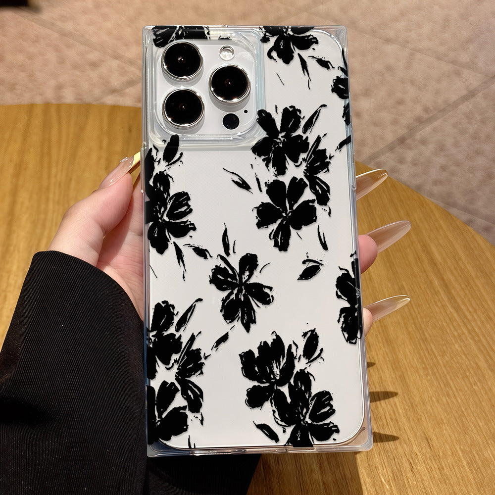 Black floral square case for apple 17 pro max, shockproof iphone 16 transparent 13 protective cover