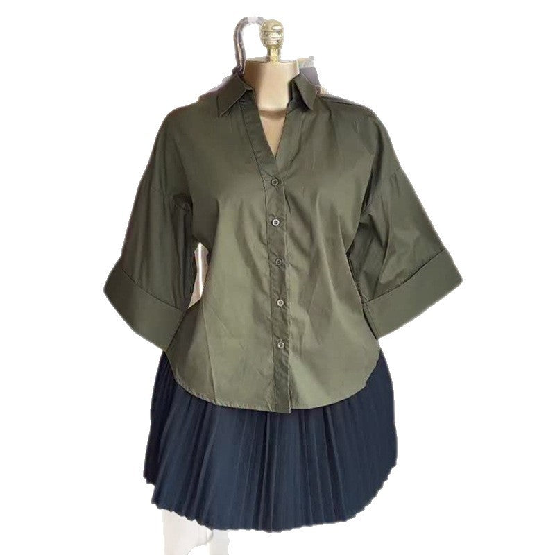 European and american style women's clothing  autumn new collection: sweet and fresh turn-down collar batwing sleeve women's three-quarter sleeve blouse top