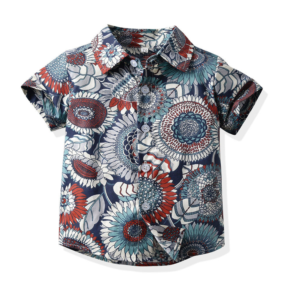 European and american cross-border children's clothing: dad & son vacation outfit, family matching beach style short-sleeve boy's floral shirt