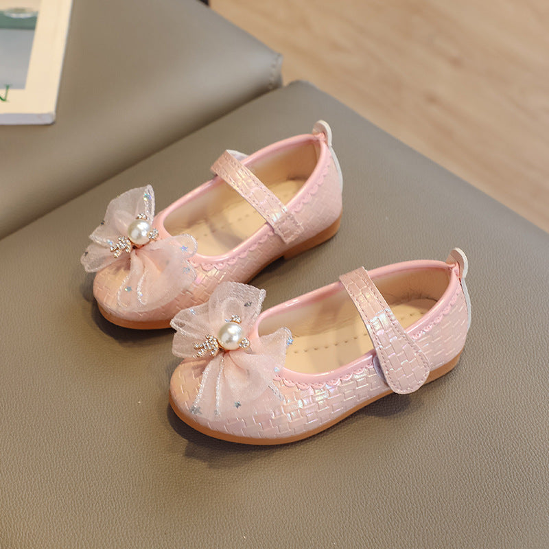 spring/autumn girls' leather shoes - bowknot princess flats - kids' velcro dance shoes - velcro girls' shoes