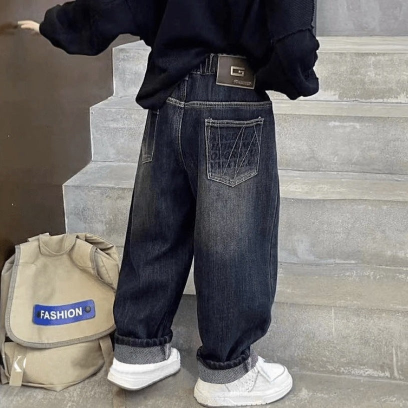 Boys' jeans spring collection - spring/autumn style  new arrival - mid-to-large size children's korean style fleece-lined thickened trousers