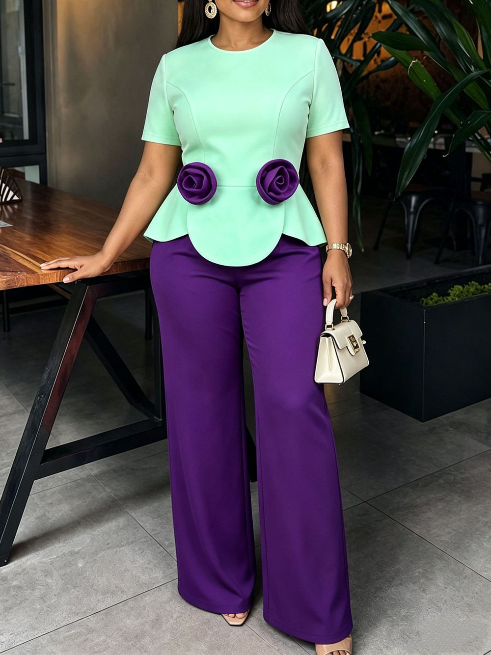New arrivalpatchworkcontrast color jumpsuit lotus leaf hem stereo flower slimming lookstraight-leg jumpsuit jumpsuits