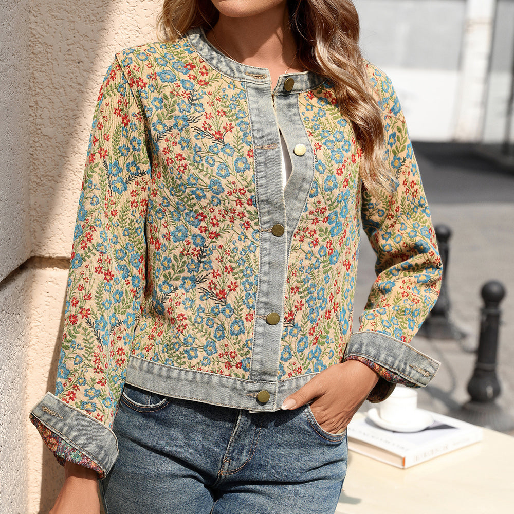 Fashion cross-border foreign trade  independent station washed new style age-reducing casual retro jacquard long-sleeved jacket for women trendy