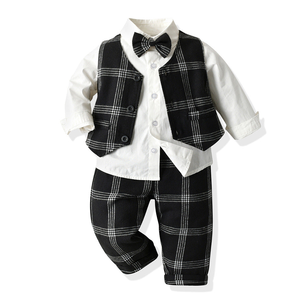 Wholesale children's gentleman outfit: new spring plaid vest set for boys - perfect for birthdays and first birthday celebrations