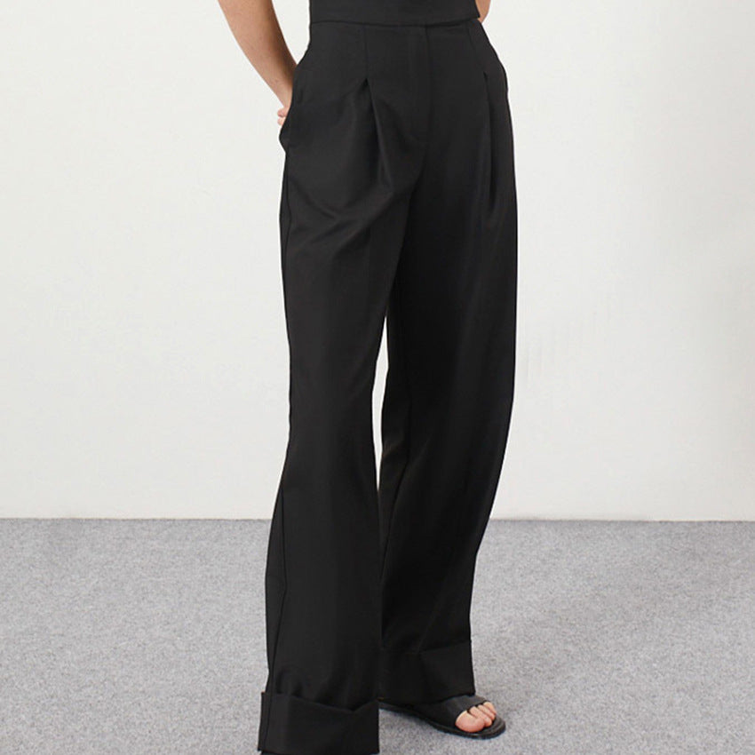 2024 hot-selling European and American simple black mopping wide-leg trousers commuting loose high waist drape suit trousers children