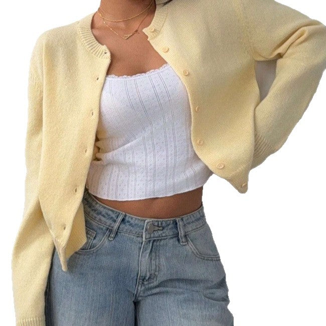 fashion light yellow short knittingcardigan round neck buttoned looselong sleeves soft waxy knittingoutwear