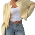 fashion light yellow short knittingcardigan round neck buttoned looselong sleeves soft waxy knittingoutwear