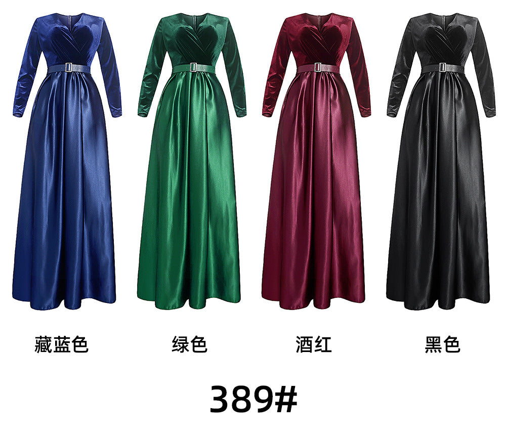 African dress women's european and american  cross-border hot style autumn and winter fashion deep v velvet long sleeve flared maxi dress * includes belt