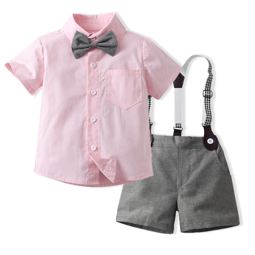 New children's clothing wholesale: boys' pink short-sleeve shirt & overalls set - perfect for children's day, birthdays, performances, and special occasions