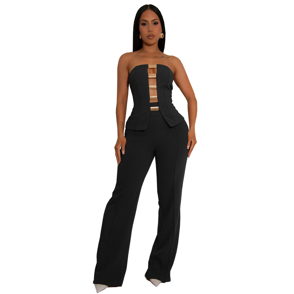 C7367 cross-border   fashion women's sexy bandeau gold buckle wrap-around arm pants two-piece set