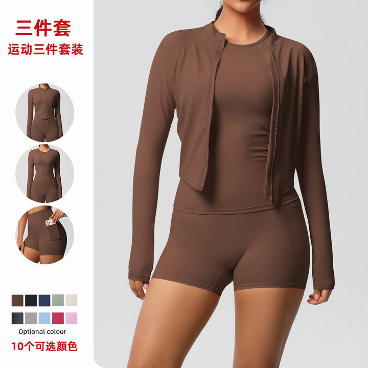 Fashion cross-border cloud-like brushed long-sleeved sports zipper outwear running butt lift fitness yoga clothes three-piece set for women