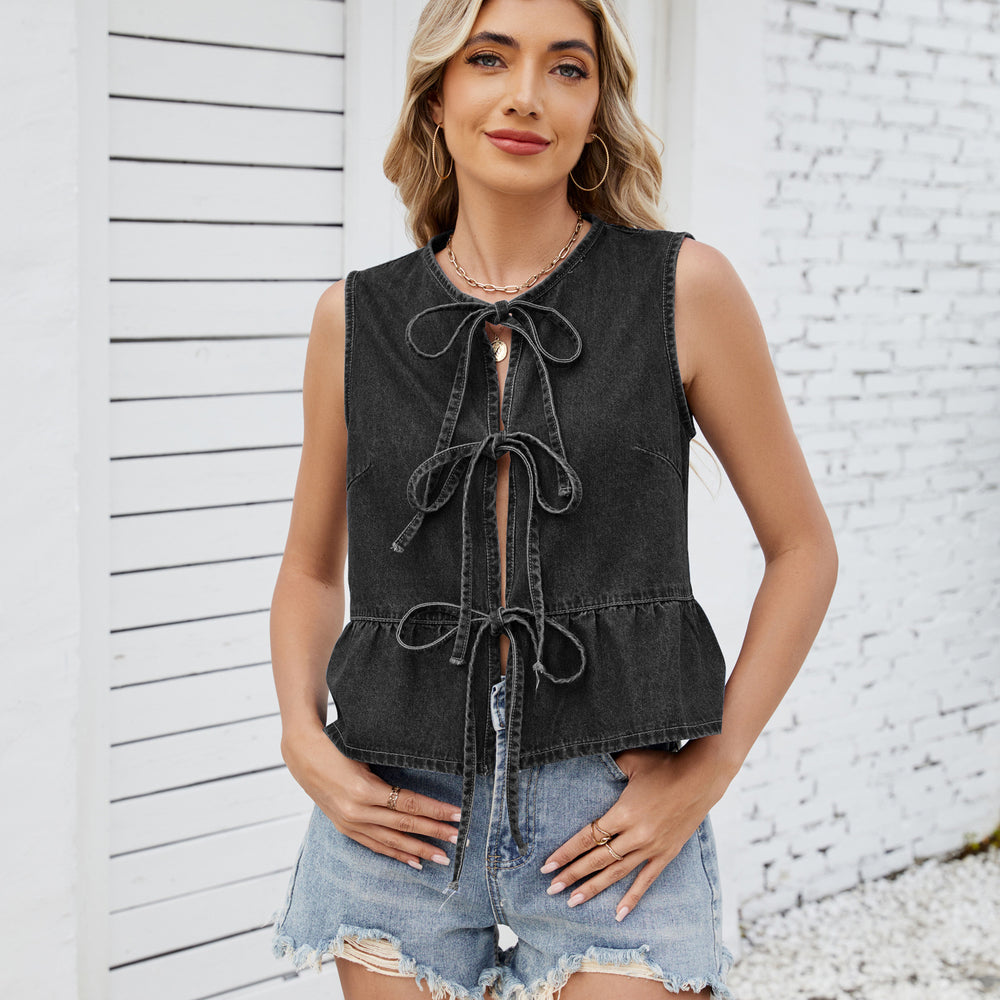 European and american cross-border e-commerce new arrival:   summer ruffle tie-up denim vest top for women