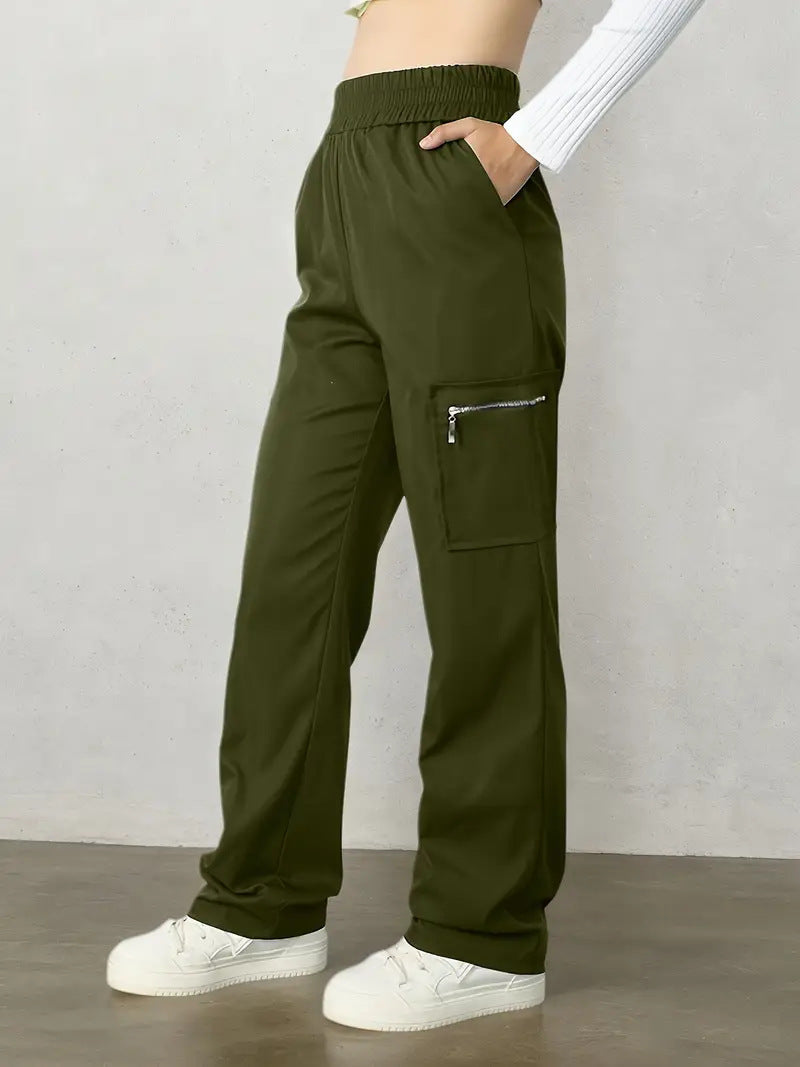 Ready-to-ship  spring/summer new arrival: trendy high-waisted cargo pants with zipper pockets, street style straight-leg casual trousers