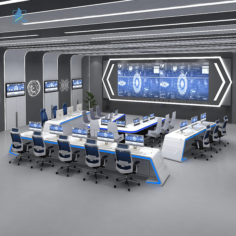 Saint li technology-style surveillance console, command center dispatch console, monitoring center operation console, curved workstation