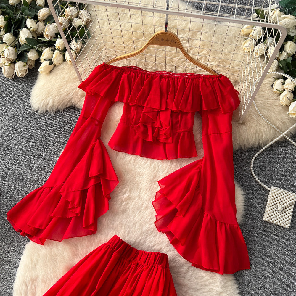 French riviera style red ruffle flare sleeve v-neck blouse and high-waisted midi skirt two-piece set - women's autumn chic