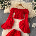 French riviera style red ruffle flare sleeve v-neck blouse and high-waisted midi skirt two-piece set - women's autumn chic