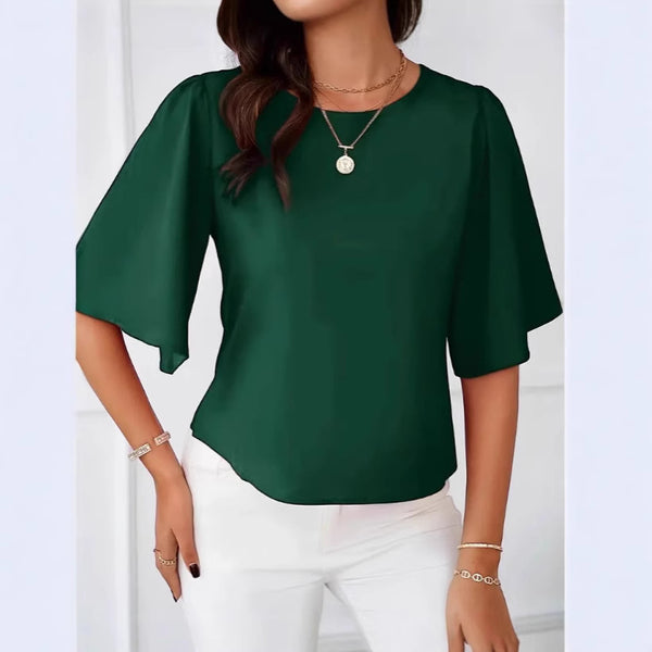 Autumn new temperament solid color pullover horn sleeve medium and short fashion loose drape short sleeve top