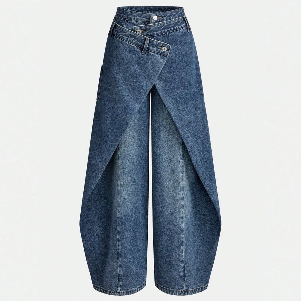 Fashionjeans women's high waist cross wrap fake two-piece culottes exportniche stylesense of design wide leg denim pants