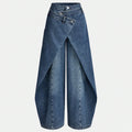 Fashionjeans women's high waist cross wrap fake two-piece culottes exportniche stylesense of design wide leg denim pants