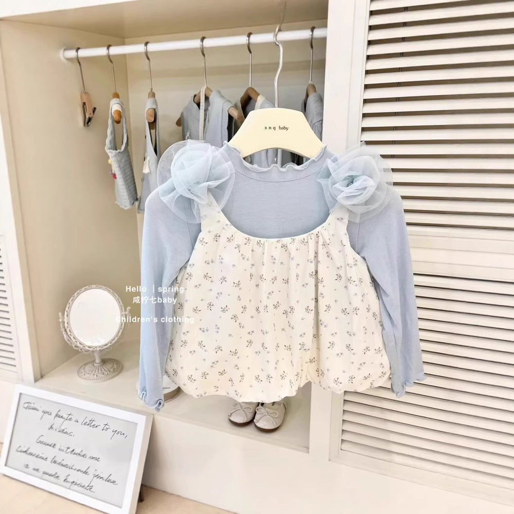 【dropshipping】girls' outfit  new baby lace camisole & floral print two-piece set - korean style