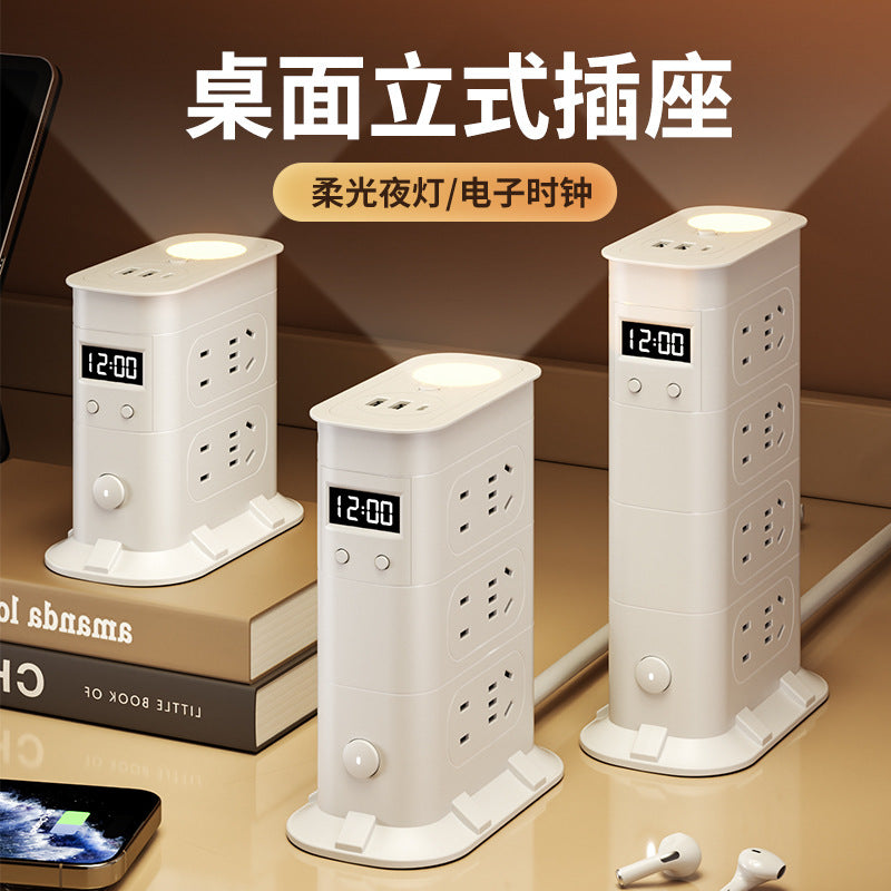 Multi-functional usb power strip socket - dorm room student power strip with long cord, home office desk panel with clock and night light