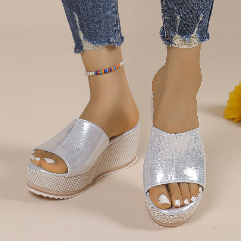 Thick sole high heel slippers for women  summer new arrivalfashion style one-shaped women's pure colorplus size wedge heel slippers