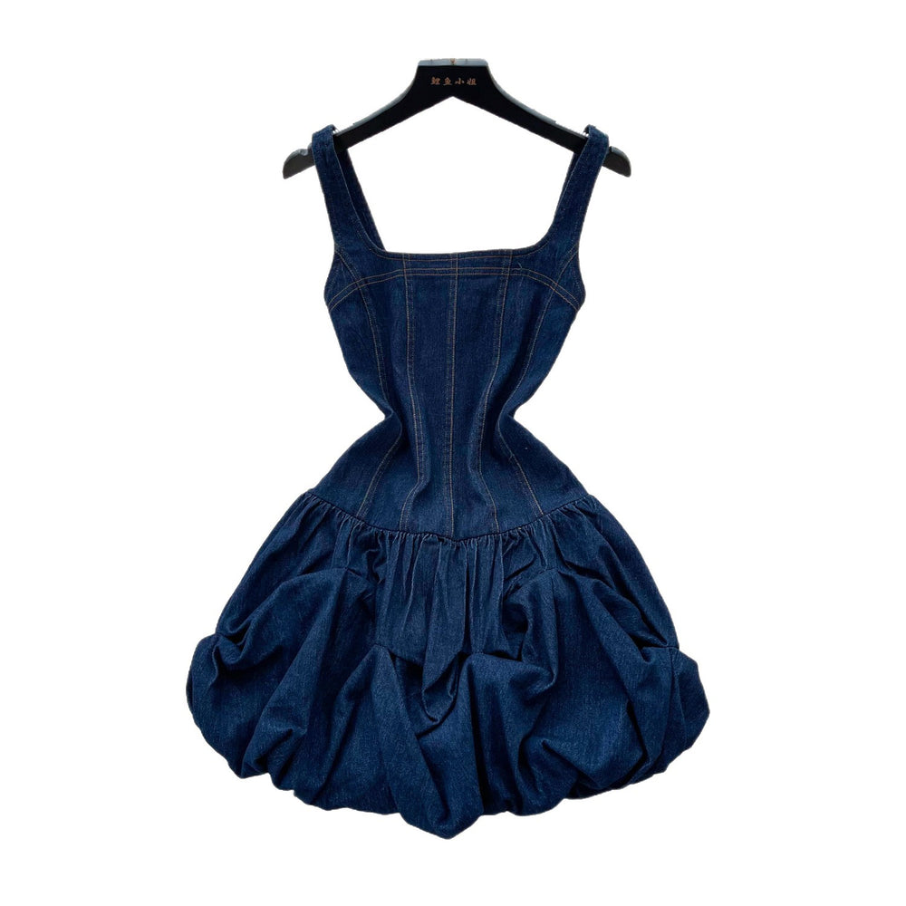 Spicy girl suspender denim flower bud dress women's summer k-style niche design waist slimming lookelegant a-line skirt