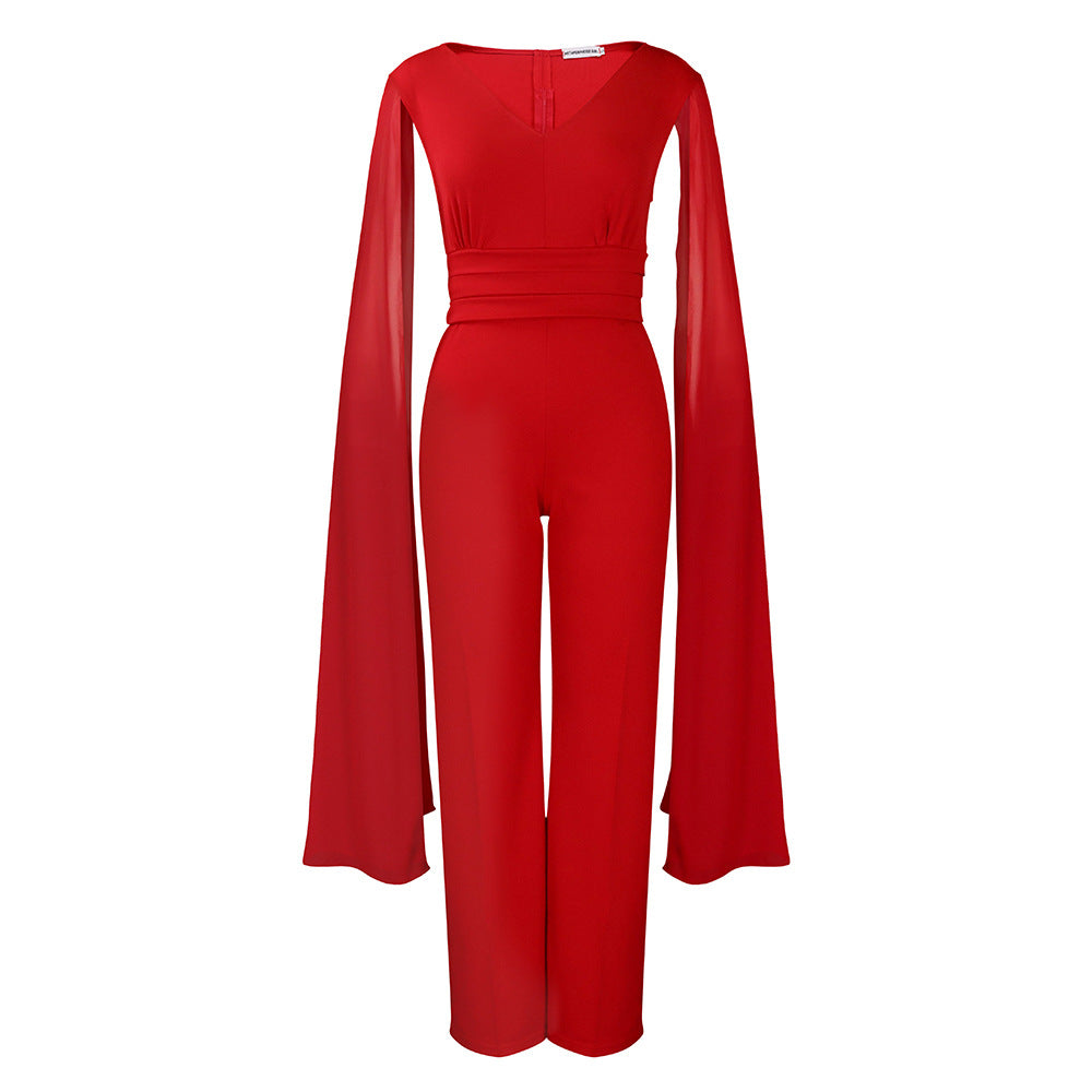 C8561 european and american style fashionable elegant commute v-neck top and wide-leg pants two-piece set, plus size african export outfit