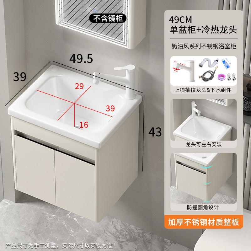 Small apartment bathroom cabinet Thickened stainless steel washstand Integrated cabinet Storage mirror Washstand Deepened ceramic integrated basin