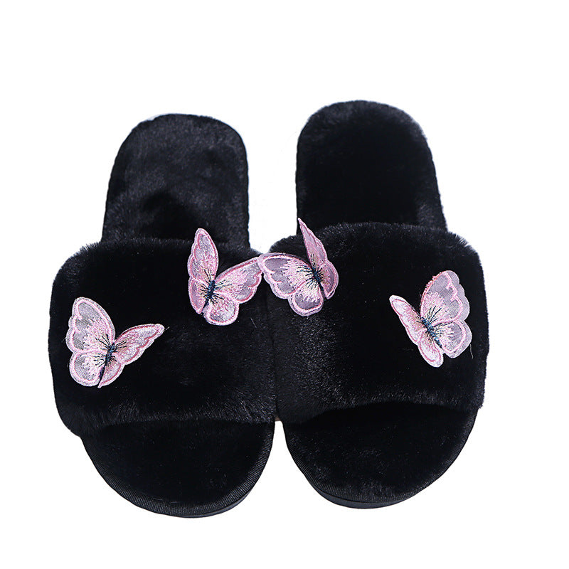 butterfly fur slippers for women, autumn and winter, k-style, new style, home and outdoor wear, one-line slippers, plush women's shoes, dropshipping