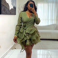 European and american cross-border women's fashion:  summer new arrival - elegant and stylish v-neck, 3d floral appliqué, ruffle hem mini dress