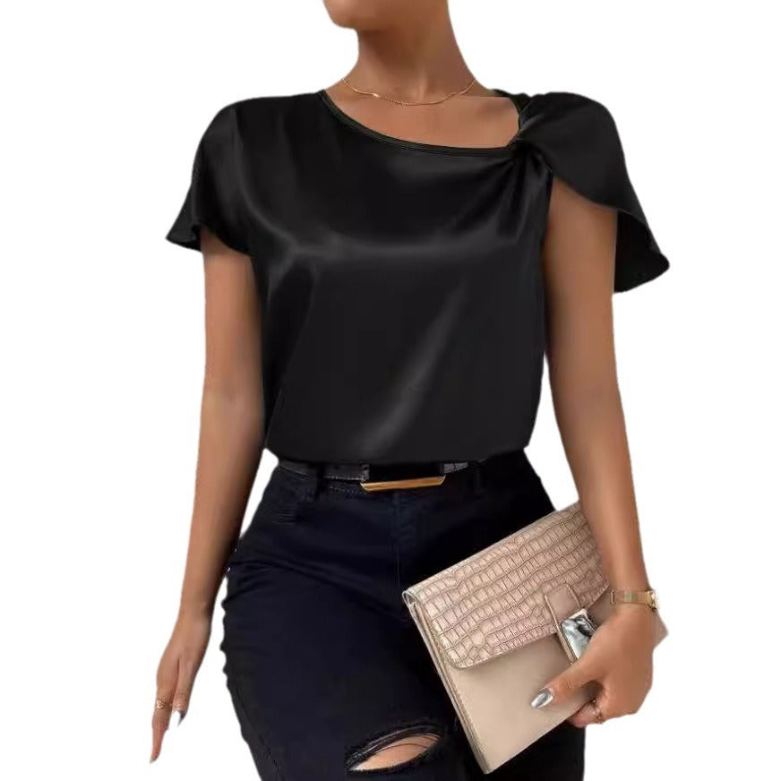 european and american export cross-border supply summer satin short-sleeve top - satin twist knot solid color loose fit versatile women's top
