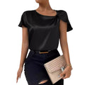 european and american export cross-border supply summer satin short-sleeve top - satin twist knot solid color loose fit versatile women's top