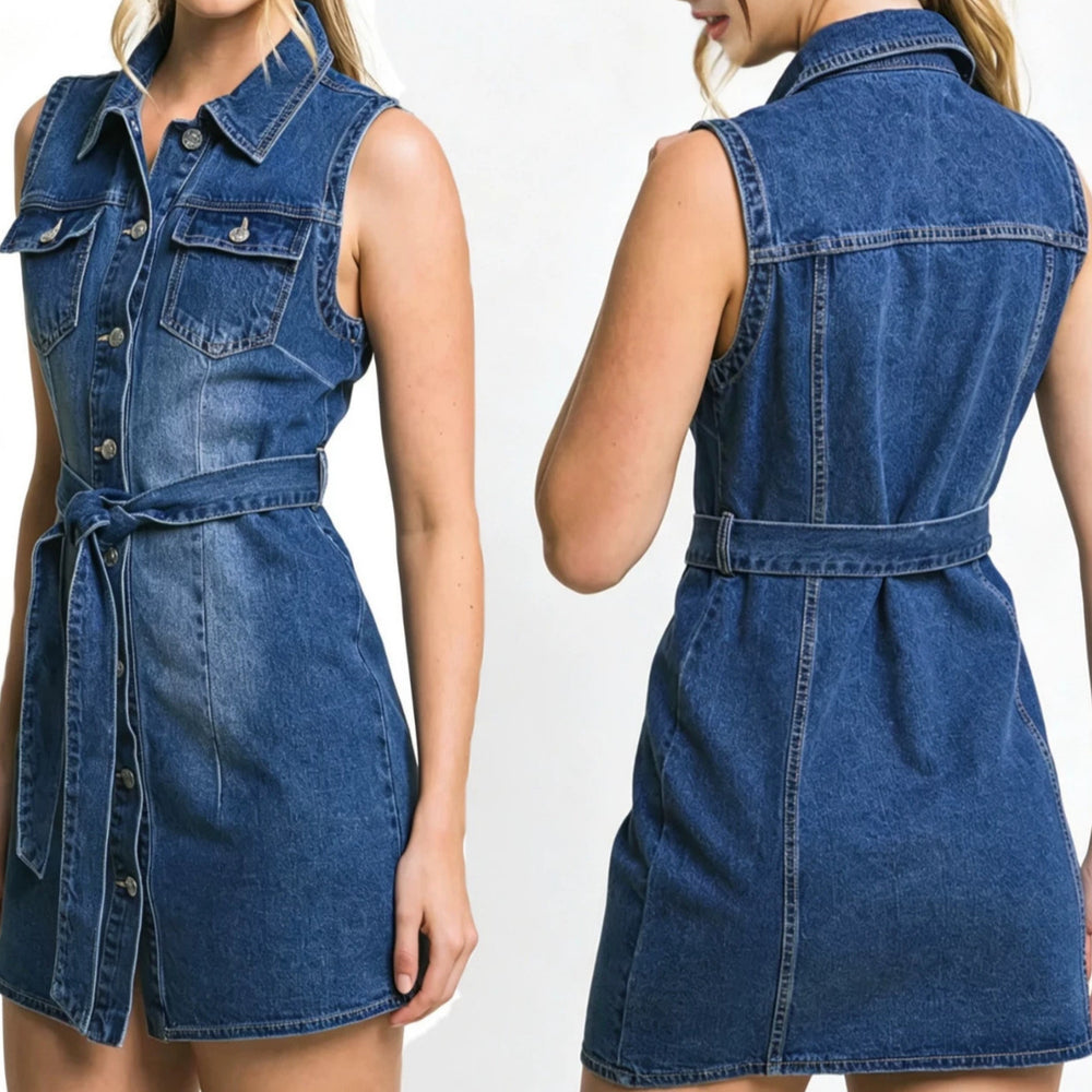 fashion elegant denim dress women's summer  new arrival lapel sleeveless waist slimming lookshort