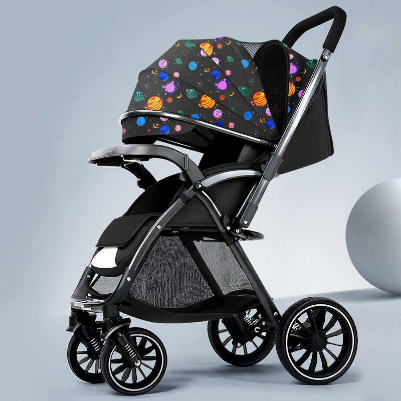 Lightweight, large-wheeled, foldable baby stroller. convertible from upright to reclined position. portable, high-view, four-wheel suspension stroller for ages 0-3 years