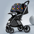 Lightweight, large-wheeled, foldable baby stroller. convertible from upright to reclined position. portable, high-view, four-wheel suspension stroller for ages 0-3 years