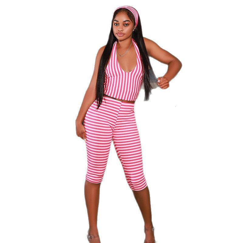 European and american style ins foreign trade personalized printed women's skinny pants set v-neck halter sleeveless hot girl two-piece outfit