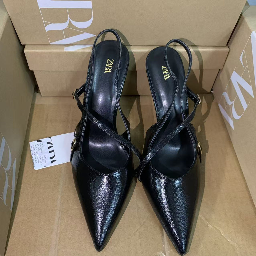 Za2025 new patent leather pointed-toe crimson red sexy ultra-high heel stiletto peep-toe back-tie sandals - mature woman style