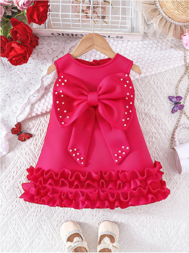 new arrival: sweet girls' big bow beaded cake vest dress