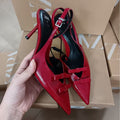 Za2024 early autumn new french style red pointed-toe bow heeled sandals women's stiletto closed-toe slingbacks